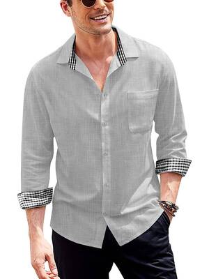 Long-Sleeve Cotton Linen Shirt (US Only), Grey / XL