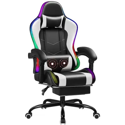 FURMAX Gaming Chair with LED RGB Lights, Footrest and Massage Lumbar Support, Ergonomic Computer Seat Height Adjustable with ...