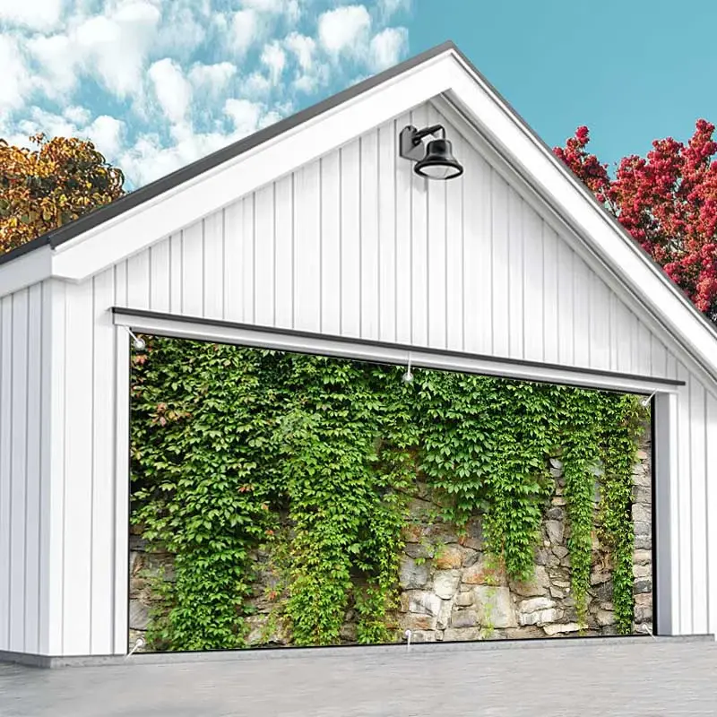 Aperturee Green Vine Leaves Stone Wall Garage Door Banner