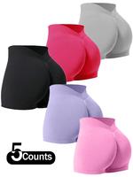 Women's Solid V-Waist Seamless Gym Shorts, Casual Comfy Breathable Skinny Shorts for Yoga Gym Workout Running, Ladies Sportsw...