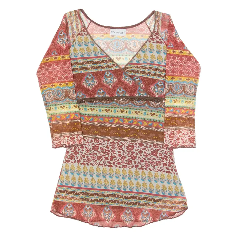 CLOCKHOUSE Y2K Womens Printed Top Red V-Neck Long Sleeve Fair Isle S