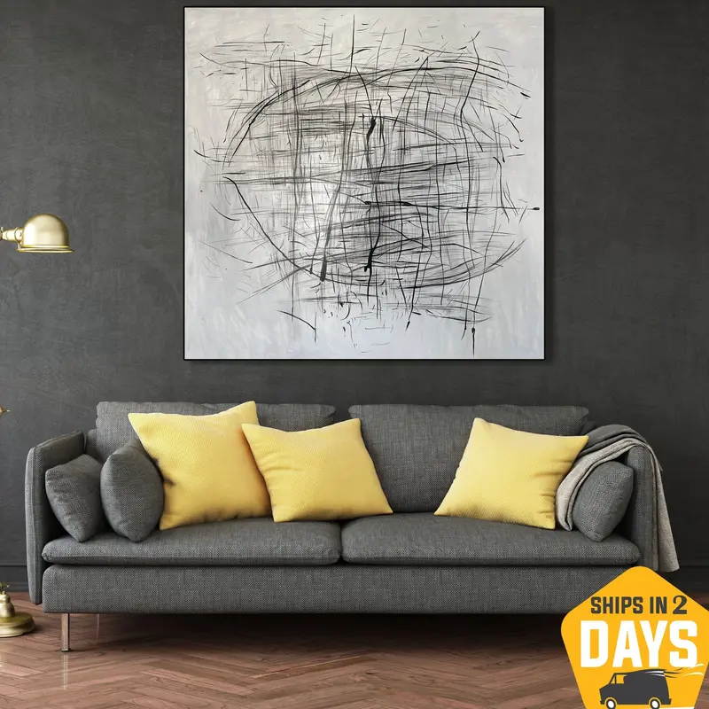 Abstract Black And White Acrylic Painting Modern Geometric Figures Wall Art for Office Decor | ROTATION 46"x46"