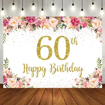 Pink Floral Glitter Gold White 60th Birthday Backdrop - Aperturee
