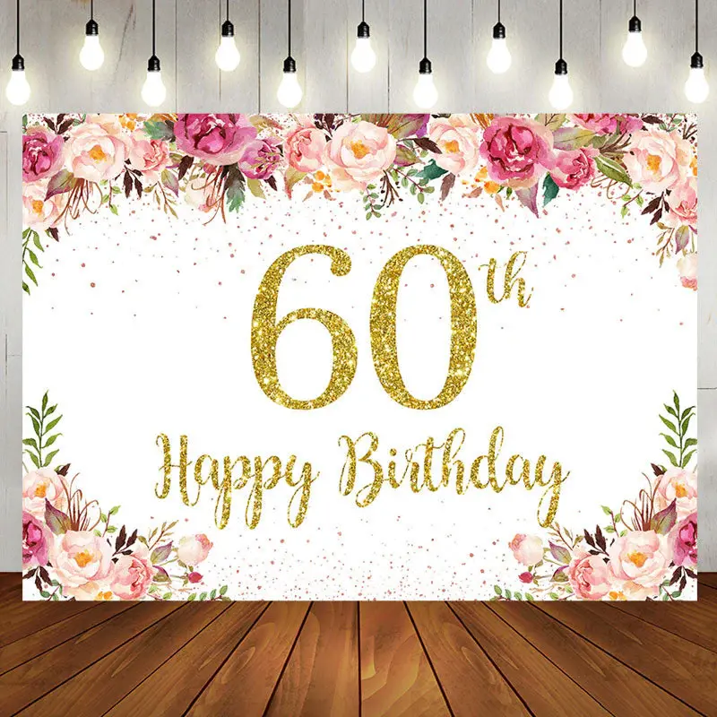Pink Floral Glitter Gold White 60th Birthday Backdrop - Aperturee