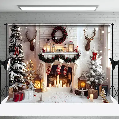Aperturee Indoor White Fireplace Deer Head Christmas Backdrop