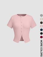 Women's Plain Button Front Crop Tee, Casual Short Sleeve T-shirt for Daily Wear, Ladies Clothes for All Seasons, Womenswear, ...