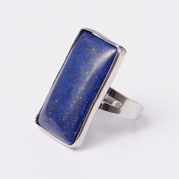 Adjustable Rectangle Dyed Lapis Lazuli Brass Rings