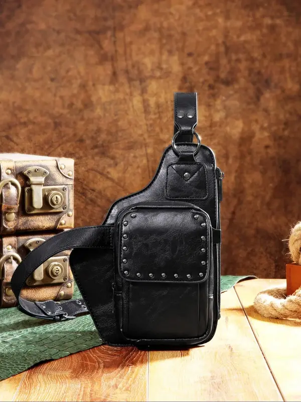 Women's Rivet Decor Fanny Pack, Fashionable Pu Leather Zipper Sling Bag for Daily Used, Casual Trendy Versatile Daily Commuti...