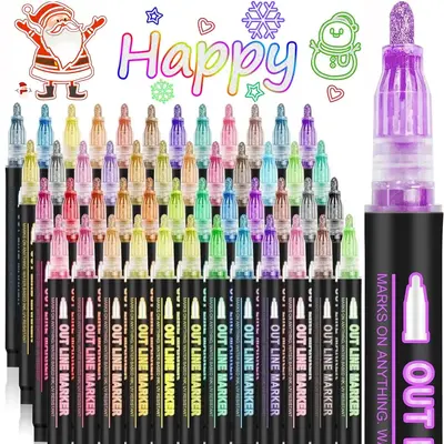 Double Line Design Outline Pen, 8/12/24/36/48/60 Colors Metallic Marker Pen, Self-outline Glitter Writing Drawing Pen for Gre...