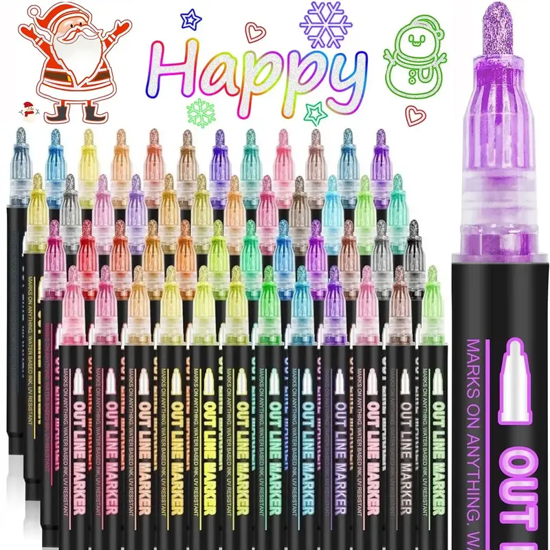 Double Line Design Outline Pen, 8/12/24/36/48/60 Colors Metallic Marker Pen, Self-outline Glitter Writing Drawing Pen for Gre...