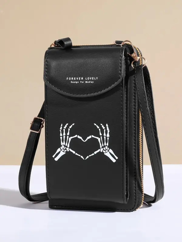 Skeleton Hand Pattern Crossbody Bag, Fashionable PU Leather Zipper Shoulder Bag for Women, Casual Trendy Versatile High-quali...