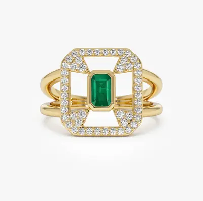 14k Art Deco Design 0.7 CT Emerald & 0.3 CT Diamond Halo Ring