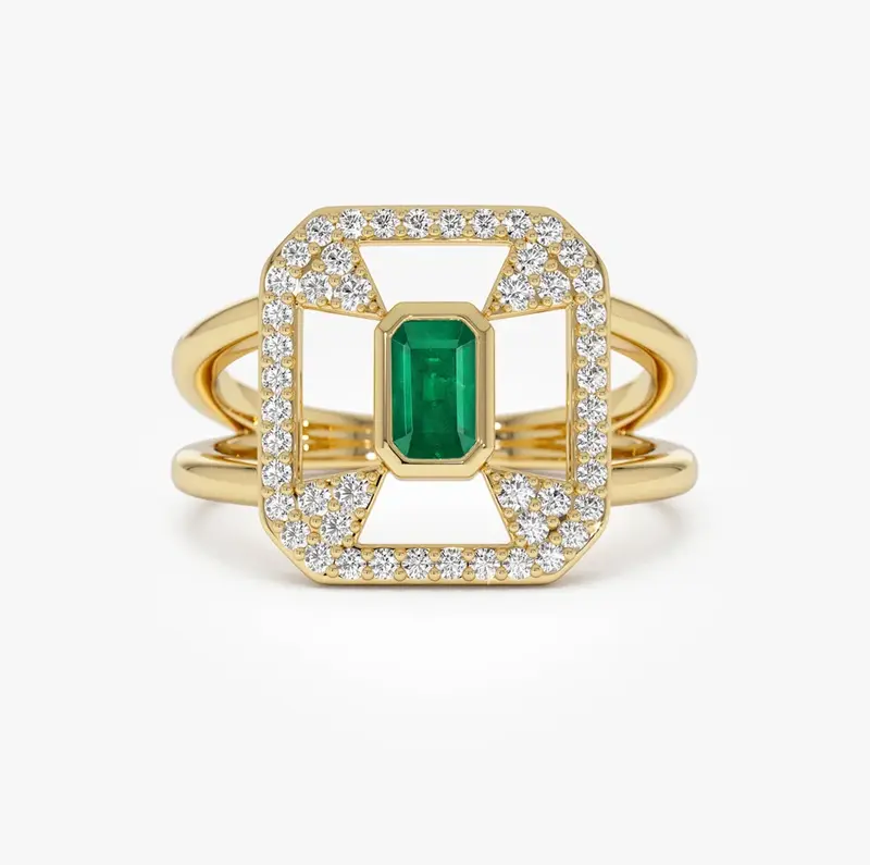 14k Art Deco Design 0.7 CT Emerald & 0.3 CT Diamond Halo Ring