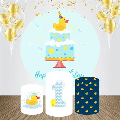 Cute Duck Cake Blue Round 1st Birthday Backdrop Kit - Aperturee
