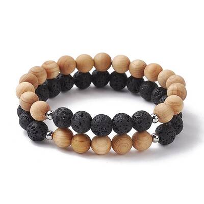 Natural Lava Rock & Wooden Round Beaded Stretch Bracelet