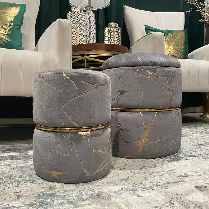 Furnimart Round Velvet Storage Ottoman,vanity Stool Chair,Upholstered Foot Rest Stool with Gold Plating Band for Living Room ...