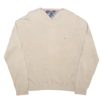 TOMMY HILFIGER Mens Jumper Brown V-Neck Tight Knit XL