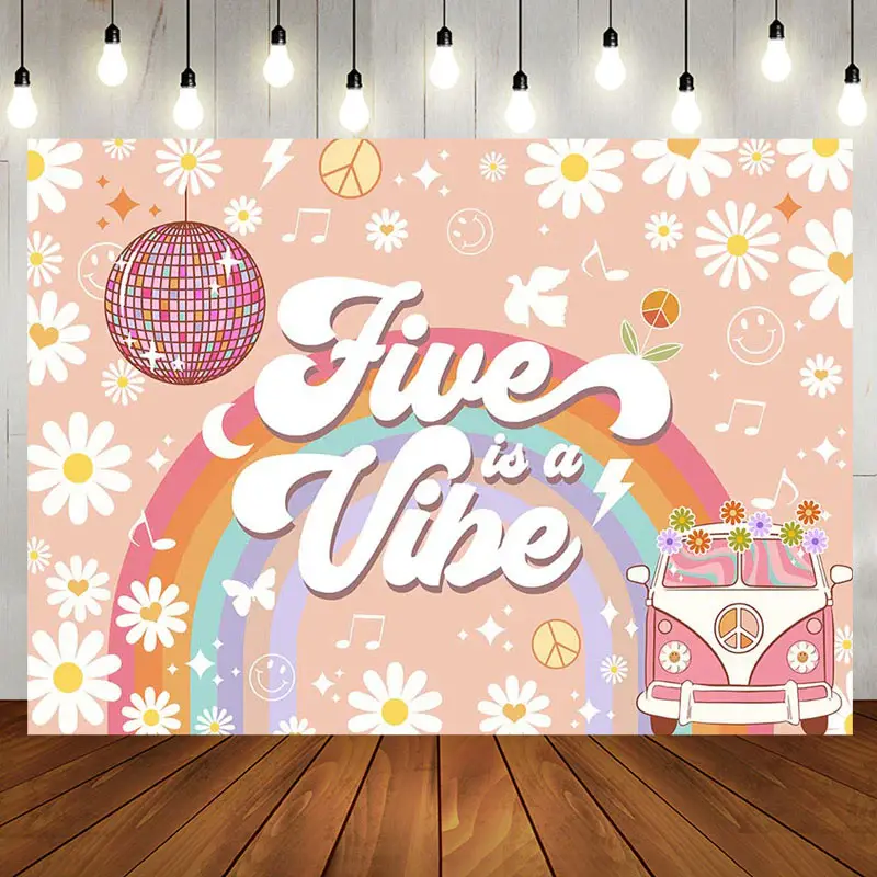 Five Is Vibe Groovy Daisy Car 5th Birthday Backdrop - Aperturee