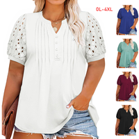 【L-4XL】Plus Size Curve Beautife Women's Plus Size Henley T Shirt Summer Lace Sleeve Tees Casual Pleated Flowy Tunic Tops