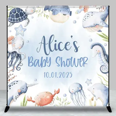 Blue Ocean Animals Baby Shower Custom Name Backdrop