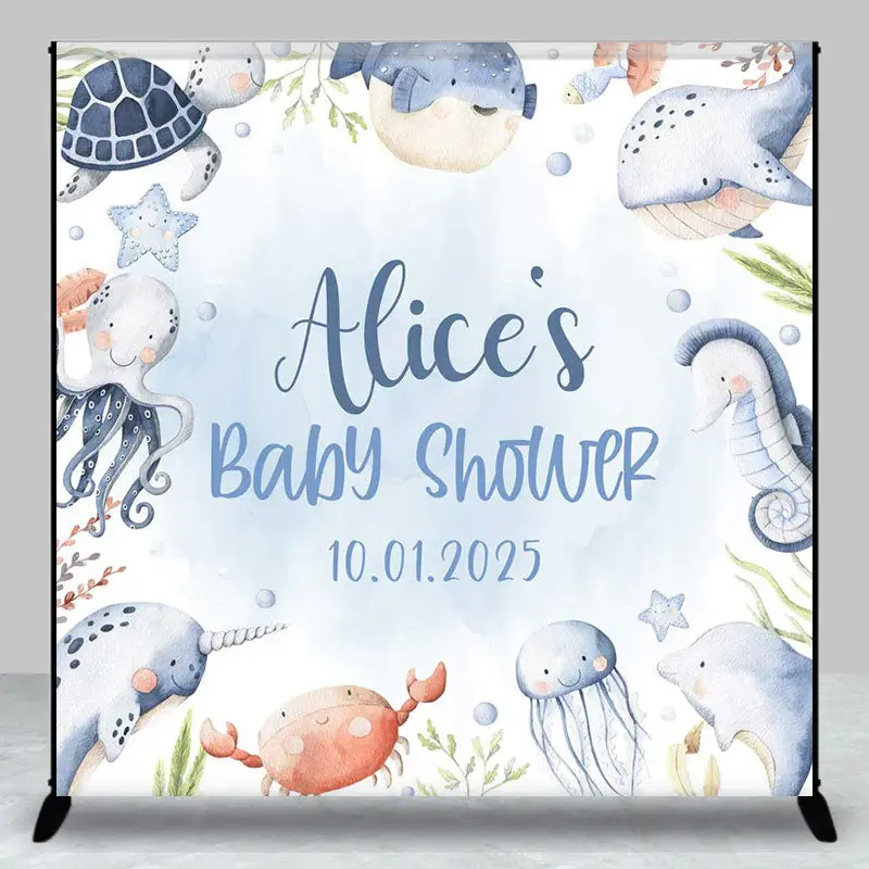 Blue Ocean Animals Baby Shower Custom Name Backdrop
