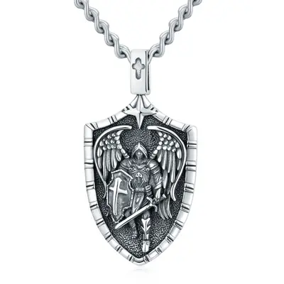 S925 Sterling Silver Saint Michael Pendant Shield Necklace with Engraved Word for Men engrave word Springtok