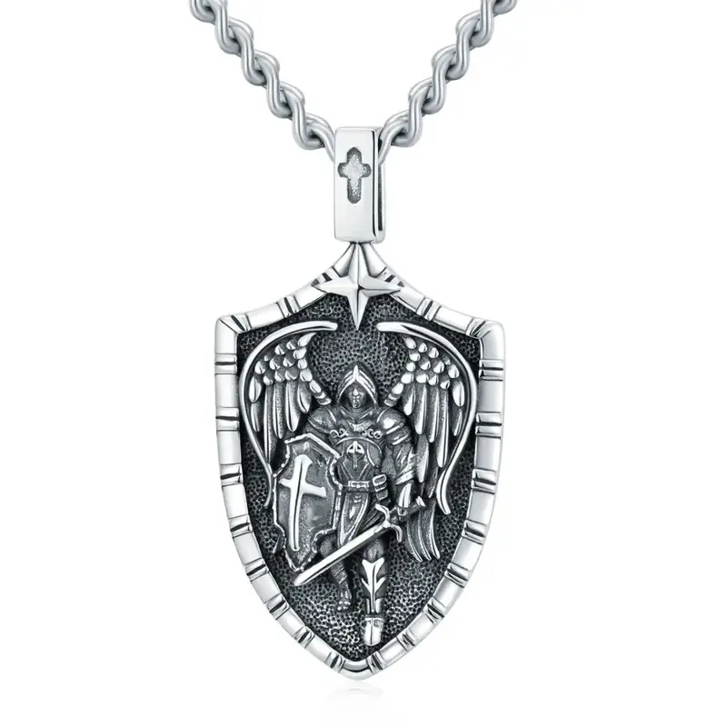 S925 Sterling Silver Saint Michael Pendant Shield Necklace with Engraved Word for Men engrave word Springtok