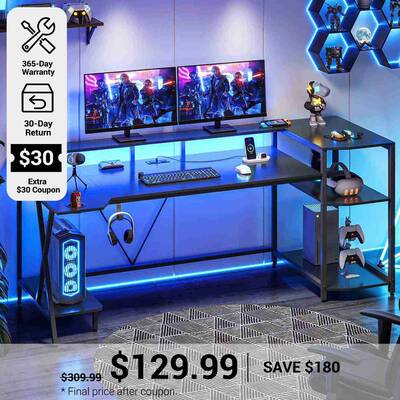 SEDETA | 70.8 Inch Gaming Desk with LED Lights and Storage Shelves Black Home Office Furniture