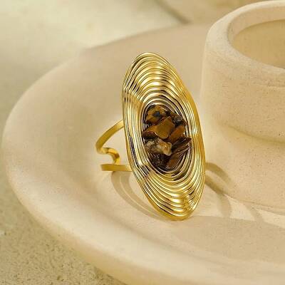 Natural Tiger Eye Beads with 304 Stainless Steel Cuff Rings
