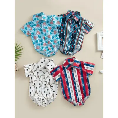 Western Baby Shirt Romper Short Sleeve Graphic Button Up Lapel Bodysuit Newborn Clothes for 0 6 12 1 8 24M
