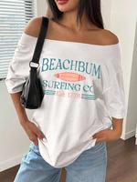 Women's Off Shoulder Surfing Tee, Casual Beach Bum Surfing Company Letter Print Long Sleeve T-shirt for Summer, Ladies Clothe...