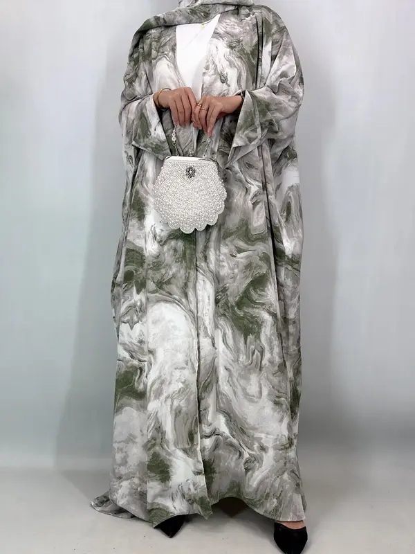 [Includes Hijab] Women's Artistic Ink Print Batwing Sleeve Long Robe Coat Set, Loose-Fitting Vacation Style Outerwear with Po...