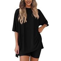2025 Women's Casual Round Neck Split Hem Loose Fit Short-Sleeve Pajama Set with Shorts