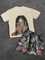 Two-Piece Set Men's Letter Print Short Sleeve Tee & Camo Print Shorts, Loose Crew Neck T-shirt & Track Shorts, Casual Summer ...