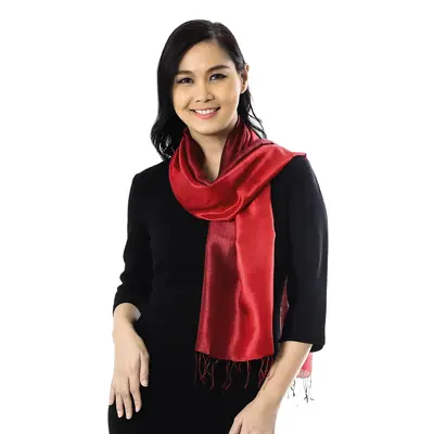 NOVICA Ruby Love Ruby Red Tie-Dyed Handwoven Silk Scarf with Fringe