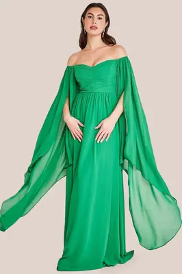 Goddiva Chiffon Off The Shoulder Maxi With Cape Sleeves - Green