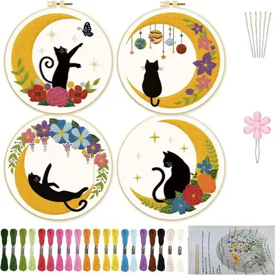 Cat & Moon & Floral Pattern Embroidery Set, 4 Counts/set DIY Embroidery Kit, Including Manual, Embroidery Hoop, Embroidery Cl...