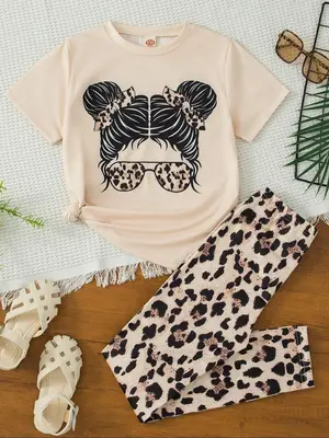 Girl's Cartoon Face Print Tee & Leopard Print Pants Two-piece Set, Casual Round Neck Short Sleeve T-shirt & Trousers for Dail...