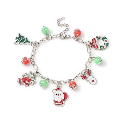 Christmas Tree & Santa Claus Alloy Enamel & Acrylic Charm Bracelet