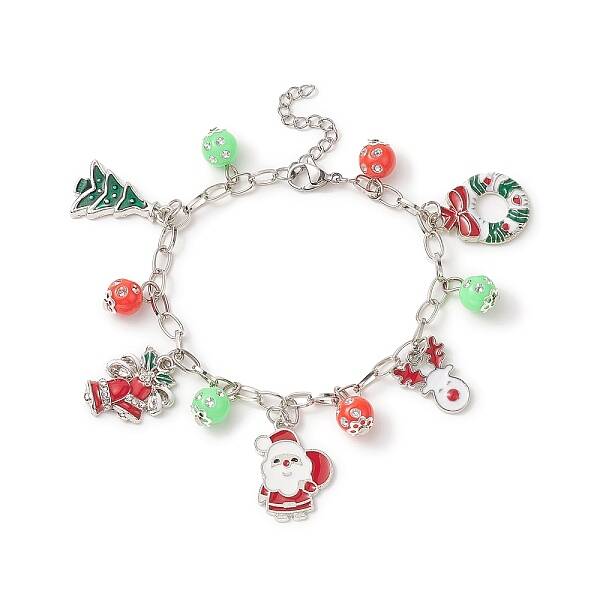 Christmas Tree & Santa Claus Alloy Enamel & Acrylic Charm Bracelet