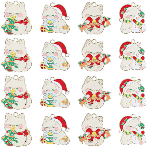 16Pcs 4 Styles Christmas Theme Alloy Enamel Pendants