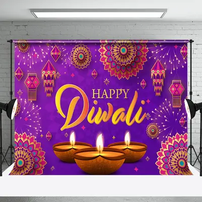 Aperturee Purple Lanterns Diyas Floral Happy Diwali Backdrop - Aperturee