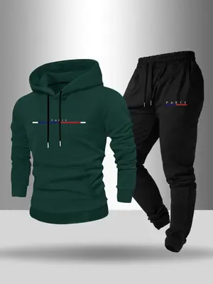 Men's Letter Print Drawstring Hoodie & Pocket Sweatpants Set, Casual Regular Fit Long Sleeve Hooded Sweatshirt & Jogger Pants...
