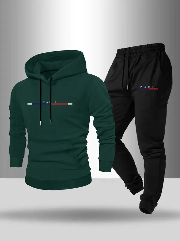 Men's Letter Print Drawstring Hoodie & Pocket Sweatpants Set, Casual Regular Fit Long Sleeve Hooded Sweatshirt & Jogger Pants...