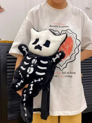 1 Piece Cute Cartoon Cat & Skeleton Design Plush Backpack, Casual Bone Pattern Novelty Backpack For School & Daily Used, Crea...