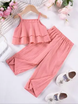 Toddler Girl's Striped Print Crop Tank Top & Wide Leg Pants Two-Piece Set, Cute Casual Round Neck Sleeveless Top & Palazzo Tr...