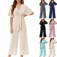 Goranbon Womens Wide Leg Jumpsuits Short Sleeve Tie Knot Front Summer Long Romper