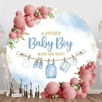 Aperturee Gold Glitter Plant Sweet Baby Boy Blue Round Backdrop - Aperturee