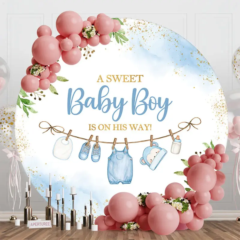 Aperturee Gold Glitter Plant Sweet Baby Boy Blue Round Backdrop - Aperturee