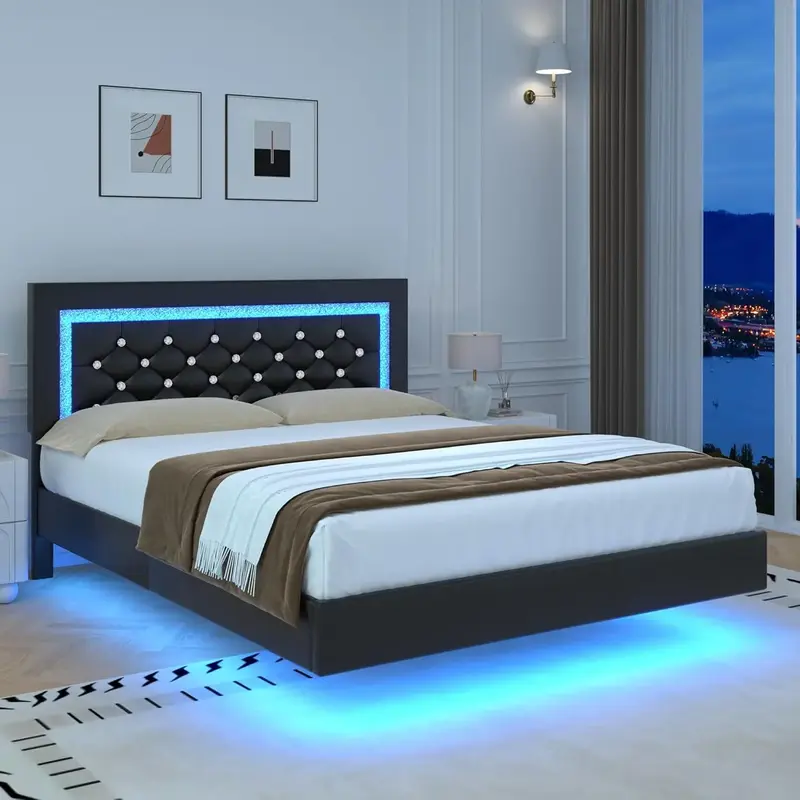 HOMBCK Floating Bed Frame with LED Lights, Upholstered Morden Platform Bed with Diamond Tufted Headboard, No Box Spring Neede...